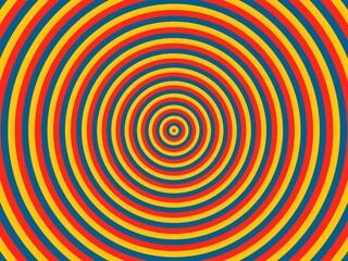 A vibrant concentric circle pattern with red, yellow, and blue bands.