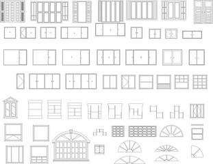 Large vector set of diverse architectural window types and styles. Essential CAD collection for building elevations and technical drawings.