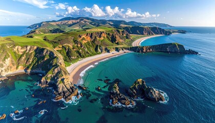Expansive Panoramic Aerial View of a Rugged Coastal Landscape with Turquoise Waters and Sandy Beaches Under a Bright Blue Sky with Wispy Clouds
