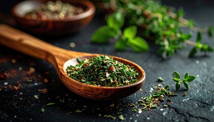 Close up of dried herbs and spices on a wooden spoon with a dark textured background and shallow depth of field