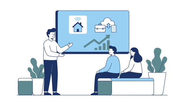 An open meeting space where a manager presents a new flexible work policy showcasing the benefits of remote and hybrid work arrangements.