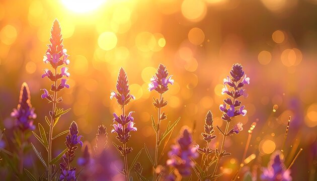 Close up of delicate purple wildflowers illuminated by warm golden sunlight creating a dreamy bokeh effect in a meadow at sunrise - Powered by Adobe