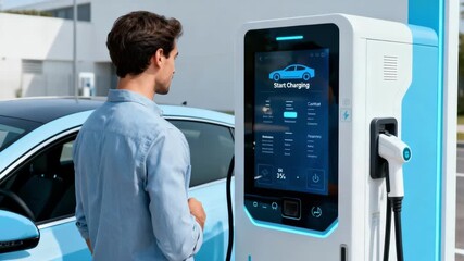 Electric vehicle owner uses a touchscreen interface on a fast charger at a public station illustrating userfriendly technology for quick energy replenishment. - Powered by Adobe