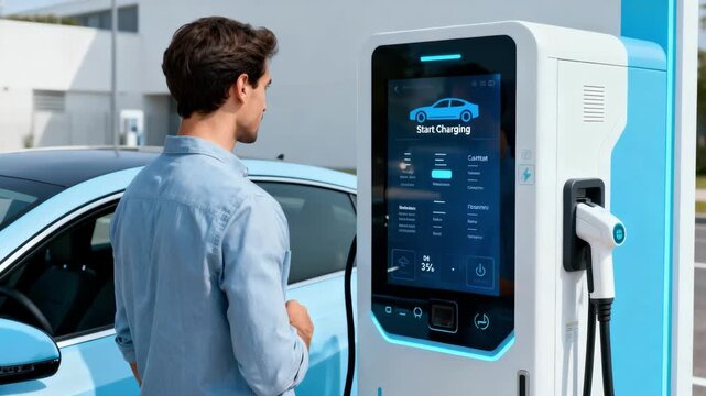 Electric vehicle owner uses a touchscreen interface on a fast charger at a public station illustrating userfriendly technology for quick energy replenishment.