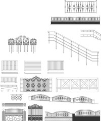 Architectural vector set of metal and wooden fence, railing, and gate designs. Perfect for CAD, construction, and ornamental projects.