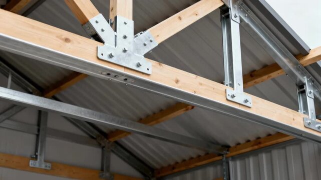 Medium shot capturing hybrid roof truss assembly combining wood and metal demonstrating advanced engineering for durable roofing support