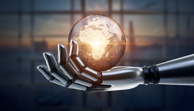 Robotic hand holding glowing Earth