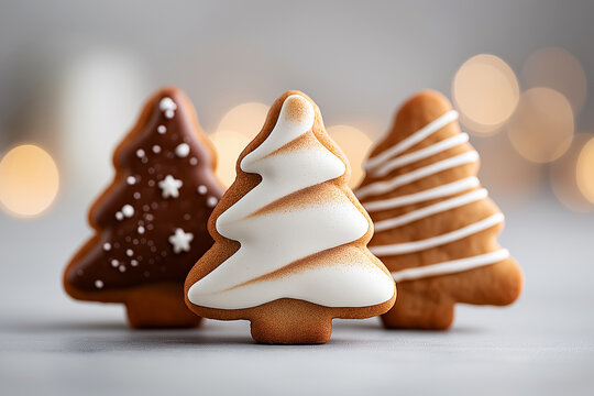 Minimalist gingerbread trees and stars on a soft white background, showcasing festive holiday treats with copy space for design