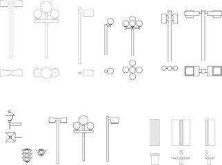 Set of thin outline vector icons featuring various street lighting fixtures, lamp posts, traffic lights, and urban lighting elements.