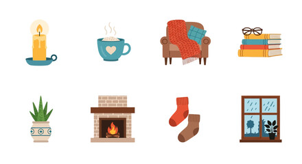Cozy autumn icons featuring candle, hot drink, and warm fireplace for seasonal comfort