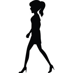 Silhouette of a Woman Walking Confidently in Black Against a Transparent Background She Wears a Dress and High Heels