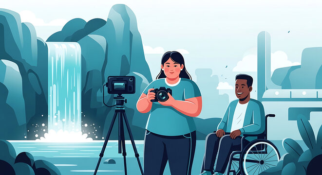 An inclusive outdoor adventure featuring a diverse pair of friends enjoying nature photography by a scenic waterfall