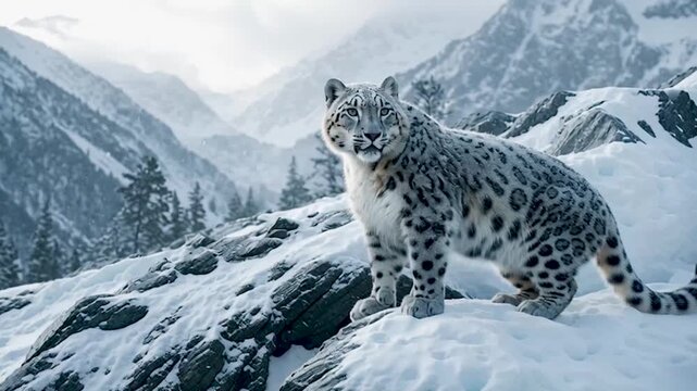 Snow leopard in a snowy mountain landscape looking to the distance Horizontal
