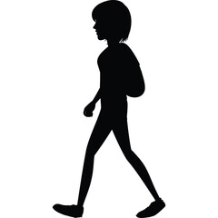 Silhouette of a young person with a backpack walking from left to right against a transparent white background isolated silhouette illustration
