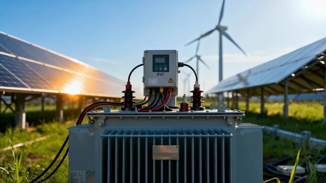 Medium shot focusing on renewable integration with Static VAR Compensators balancing power feed from solar and wind sources to ensure smooth energy delivery