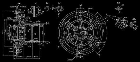 Obraz premium Assembly drawing of hub truck wheel. Engineering automotive mechanical blueprint of steel device. Industrial cad scheme on paper sheet. Technology design of machine building industry. 