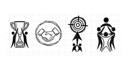 Sketch style icons: achievement, partnership, target, teamwork