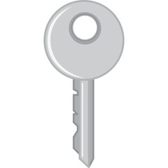 Silver Key With Circular Head and Serrated Edge Isolated on White Background Studio Shot