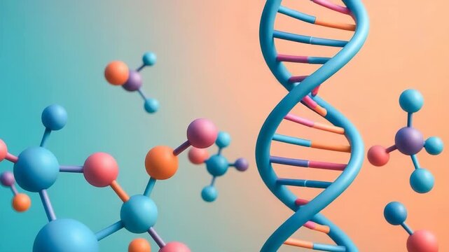 Illustration of molecular structures and DNA helix, representing biotechnology and genetic research in a vibrant color scheme. - Powered by Adobe