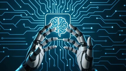 A robotic hand gestures towards a digital brain, symbolizing the fusion of artificial intelligence and technology. - Powered by Adobe