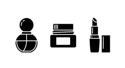 Minimalist cosmetics icons: perfume bottle, cream jar, and lipstick in black silhouette style