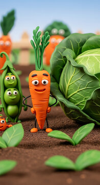 A charming digital artwork meticulously replicating the style of stop-motion claymation, depicting a miniature scene in a vegetable garden populated by whimsical, anthropomorphic vegetable characters.