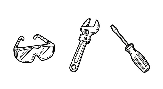 Hand-drawn tools set with safety glasses, wrench, and screwdriver