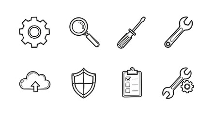 Fototapeta premium Linear icons of tools and technology for digital and mechanical applications