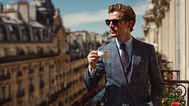 Elegant businessman enjoying coffee on balcony