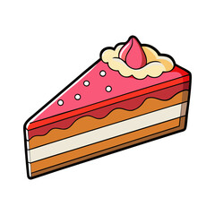 Cartoon slice of layered cake with pink frosting and cream isolated on white background