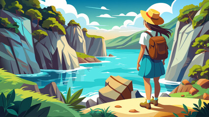 A young woman traveler standing on a rocky cliff overlooking a turquoise lagoon surrounded by lush greenery and limestone cliffs, wearing a sun hat and backpack, symbolizing adventure