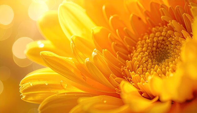 Close up macro shot of a bright yellow daisy flower with water droplets in soft golden sunlight and bokeh background - Powered by Adobe