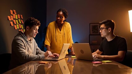 Skilled professionals focused on a collaborative design strategy using laptops in a creative meeting