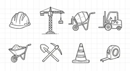 Hand drawn construction icons: tools and machinery sketch collection for builders
