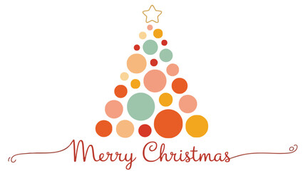 Modern merry christmas greeting card with abstract festive tree made of colorful circles and a gold star