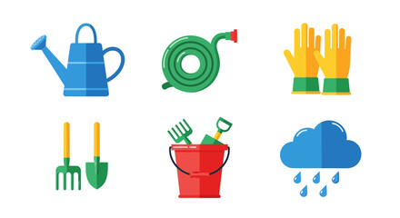 Gardening tools and weather icon set in flat design style