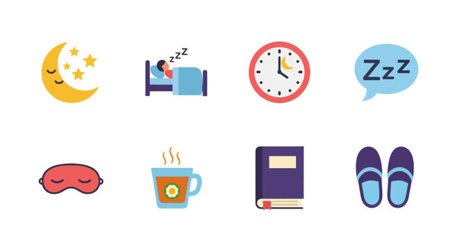 Sleep essentials: cozy nighttime flat icons for relaxation and restful sleep
