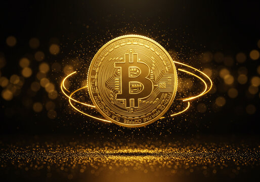 Golden bitcoin cryptocurrency coin sparkles with light against a dark background. Ideal for finance, investment, digital currency concepts in design projects.