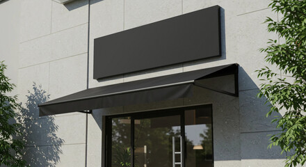 Building with sign and awning above storefront, suitable for urban and small business concepts, commercial property listings, and real estate.