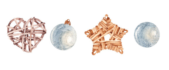 Christmas Toys. Wicker Star and Heart made of rattan, Glass blue Balls or Baubles. Festive Decoration. Watercolor illustration isolated on white background. Design elements for greeting New Year cards