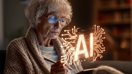 Elderly woman exploring AI technology on a digital tablet