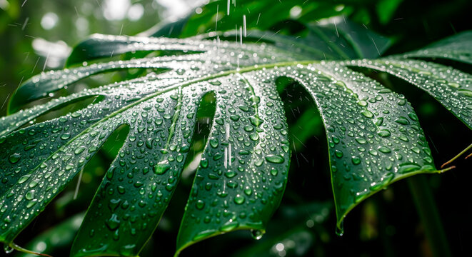 Monstera leaf with raindrops, a close-up view of tropical plant in the rain - Powered by Adobe