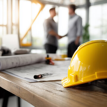 Handschlag auf Baustelle mit Bauhelm &ndash; Partnerschaft und Zusammenarbeit im Bauwesen