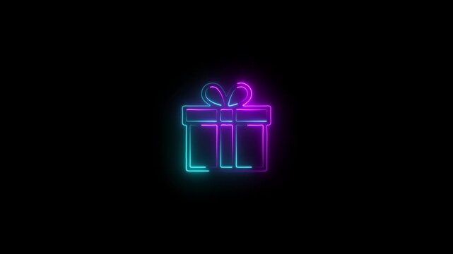 Glowing gift box icon. Neon line gift box moving on black background. Birthday shopping symbol. Gift box icon animation .abstract celebration surprise present concept. Glowing blue neon gift box icon