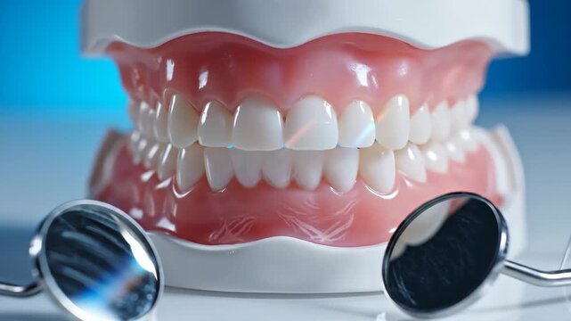 A perfect set of white dentures or a dental model with healthy gums is displayed with metal dentist tools for an oral hygiene and checkup concept on a blue background