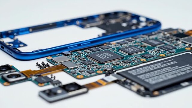 A disassembled smartphone lays on a white background showing its internal components like the motherboard circuit board battery and camera modules for a technology repair or manufacturing concept