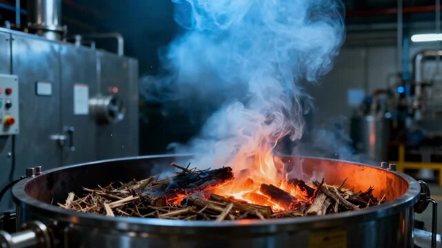 Detailed medium shot of smoke and vapor swirling above biomass in gasifier highlighting chemical changes during the gasification process.