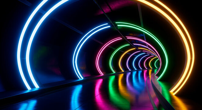Futuristic tunnel with vibrant neon lights and colorful reflections