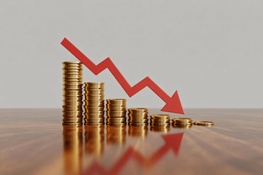 Stacks of gold coins with a red downward arrow showing financial loss and recession