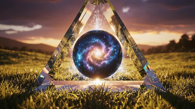 Crystal ball with abstract triangular patterns sitting in a lush green field, presenting an enigmatic concept for innovative thinking or insight, perfect for background footage or thought.